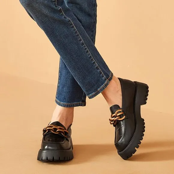 Women, Chunky Heel Lug Sole Loafers with Round Toe Business Work Shoes