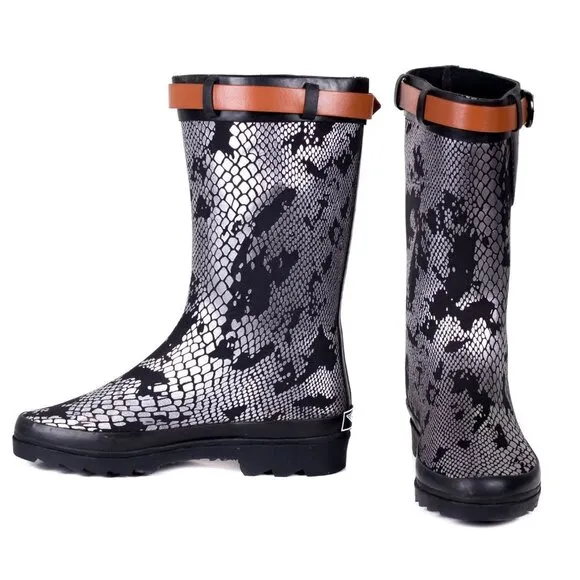 Women Rain Boots, RB-1905 Silver Snake Midcalf Rainboots