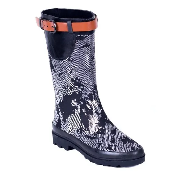 Women Rain Boots, RB-1905 Silver Snake Midcalf Rainboots