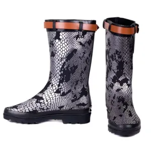 Women Rain Boots, RB-1905 Silver Snake Midcalf Rainboots