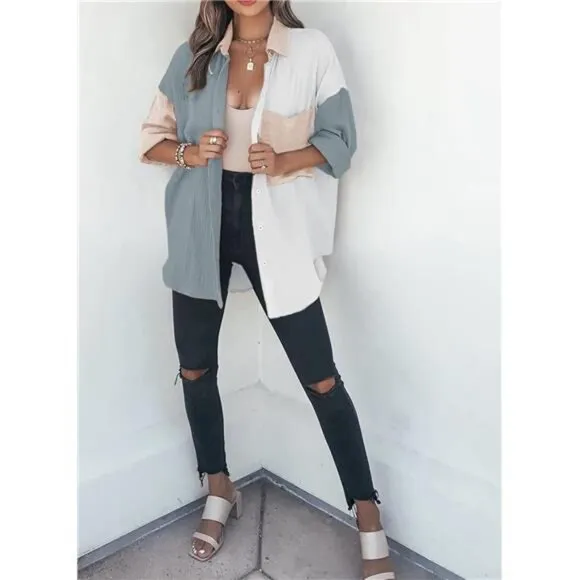 Women's Color Block Button Down Shirts‎ Long Sleeve Polo Oversized Blouses Tops