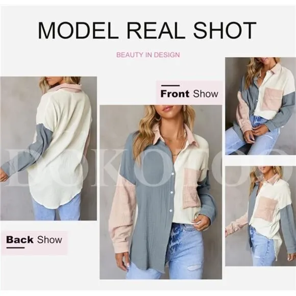 Women's Color Block Button Down Shirts‎ Long Sleeve Polo Oversized Blouses Tops