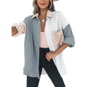Women's Color Block Button Down Shirts‎ Long Sleeve Polo Oversized Blouses Tops