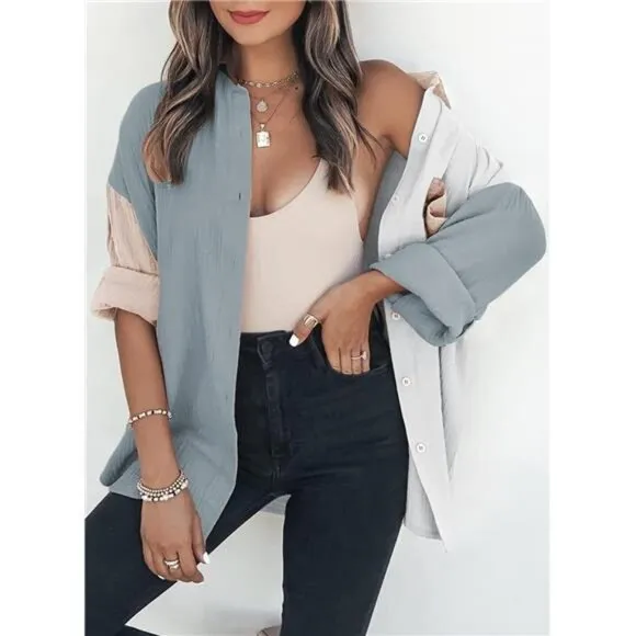 Women's Color Block Button Down Shirts‎ Long Sleeve Polo Oversized Blouses Tops