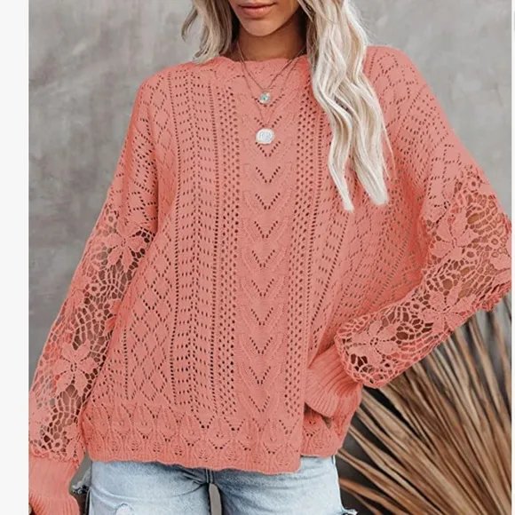 Womens Crewneck Crochet Lace Long Sleeve Hollow Out Cable Knit Pullover Sweaters