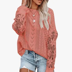 Womens Crewneck Crochet Lace Long Sleeve Hollow Out Cable Knit Pullover Sweaters
