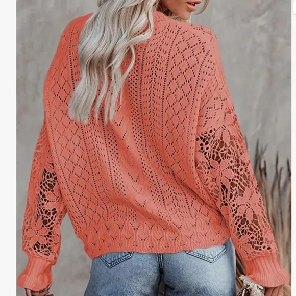 Womens Crewneck Crochet Lace Long Sleeve Hollow Out Cable Knit Pullover Sweaters