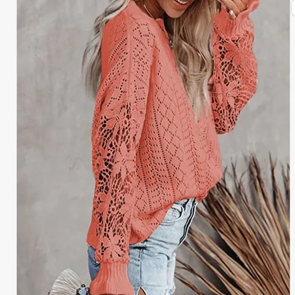 Womens Crewneck Crochet Lace Long Sleeve Hollow Out Cable Knit Pullover Sweaters