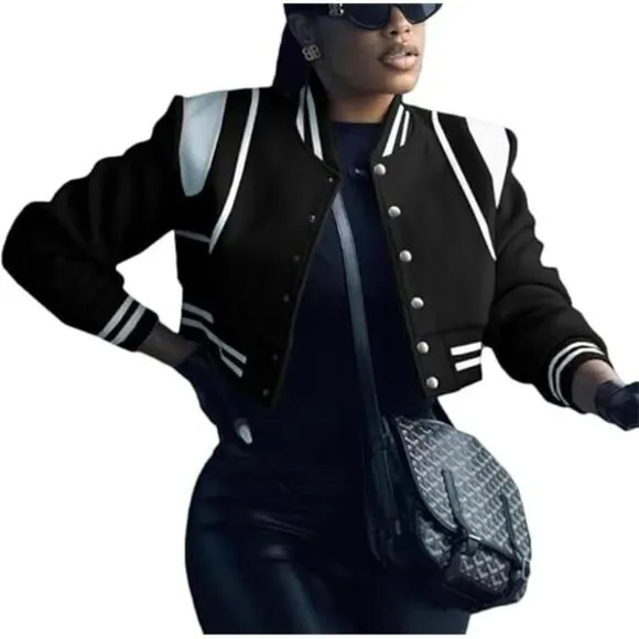 Womens Cropped Bomber Jacket Long Sleeve Button Down Baseball Varsity Fall