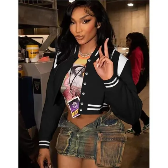 Womens Cropped Bomber Jacket Long Sleeve Button Down Baseball Varsity Fall