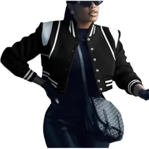 Womens Cropped Bomber Jacket Long Sleeve Button Down Baseball Varsity Fall