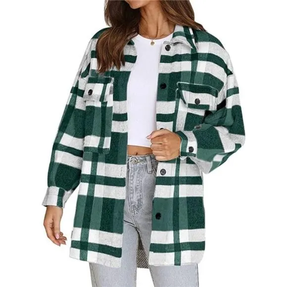 WOMEN'S flannel plaid jacket long sleeve, green
