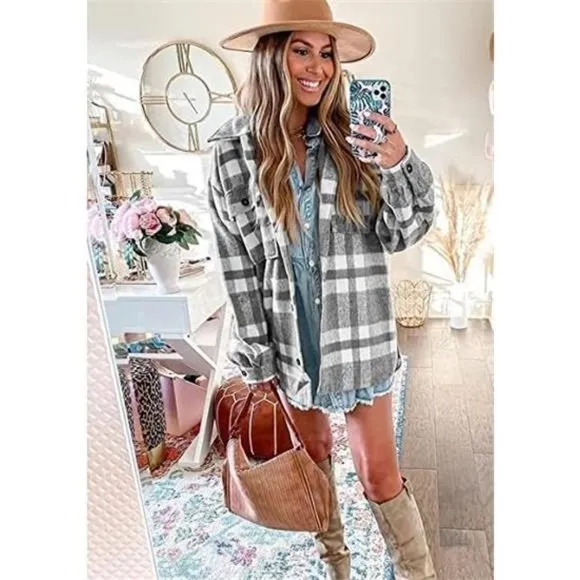 Women's Flannel Plaid Jacket Long Sleeve, Grey