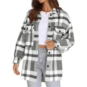 Women's Flannel Plaid Jacket Long Sleeve, Grey