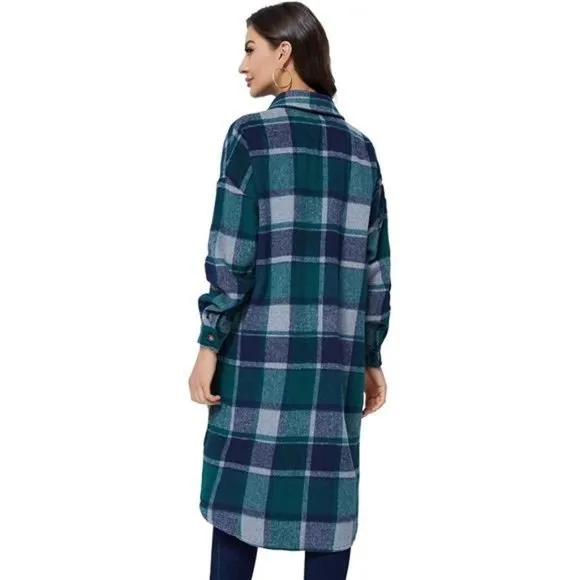 Womens Long Plaid Shacket Jacket Coat with Pockets, Green