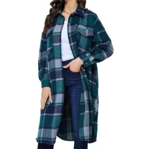 Womens Long Plaid Shacket Jacket Coat with Pockets, Green