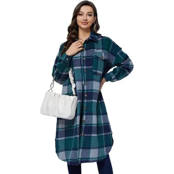 Womens Long Plaid Shacket Jacket Coat with Pockets, Green