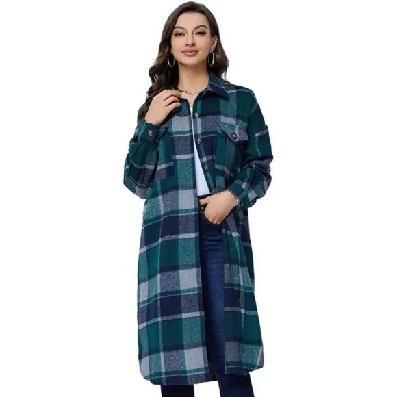 Womens Long Plaid Shacket Jacket Coat with Pockets, Green