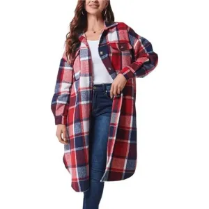 Womens Long Plaid Shacket Jacket Coat with Pockets, Red