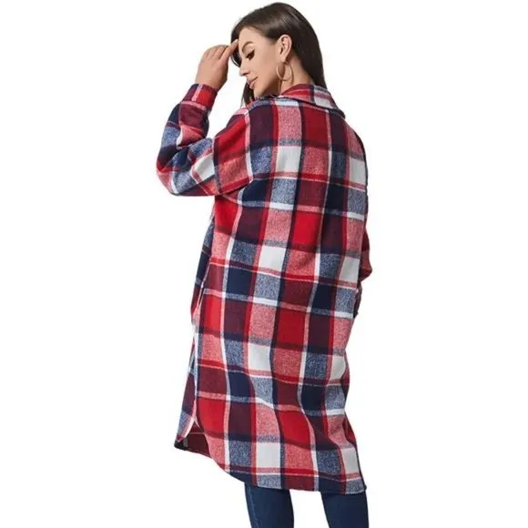 Womens Long Plaid Shacket Jacket Coat with Pockets, Red