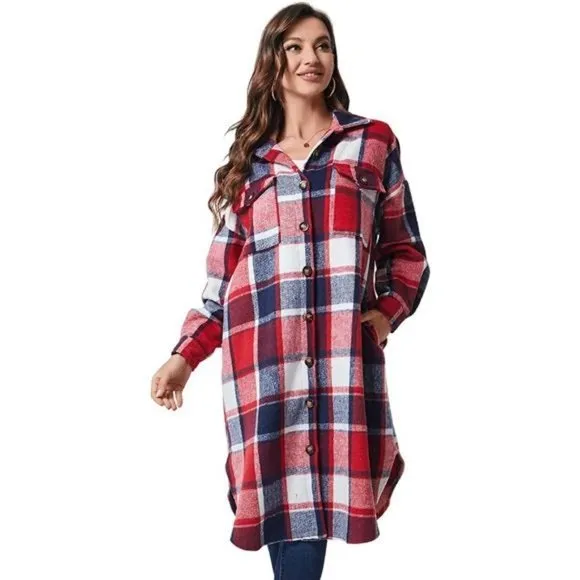 Womens Long Plaid Shacket Jacket Coat with Pockets, Red