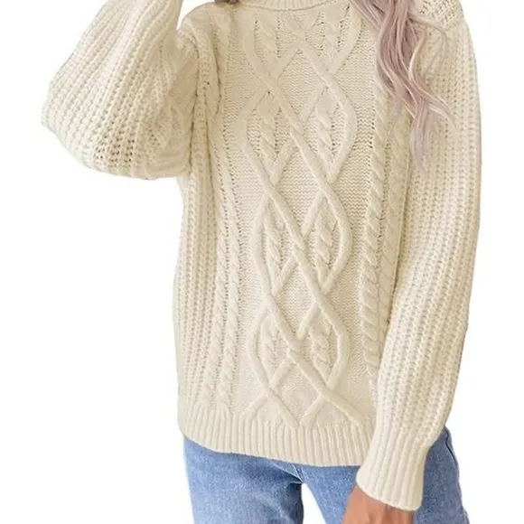 WOMEN'S Long Sleeve Knit Cable High Collar Sweater - Beige