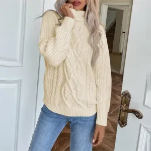 WOMEN'S Long Sleeve Knit Cable High Collar Sweater - Beige