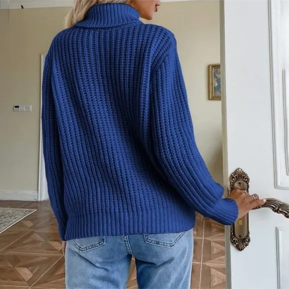 WOMEN'S Long Sleeve Knit Cable High Collar Sweater - Blue