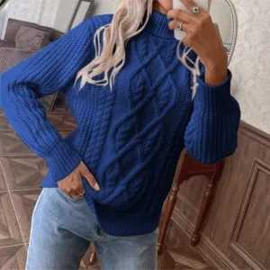 WOMEN'S Long Sleeve Knit Cable High Collar Sweater - Blue