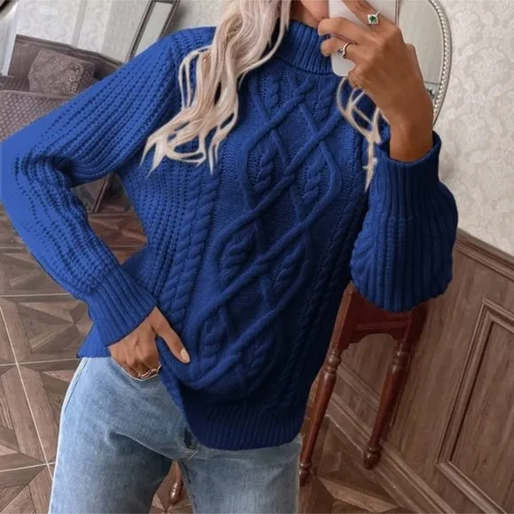 WOMEN'S Long Sleeve Knit Cable High Collar Sweater - Blue