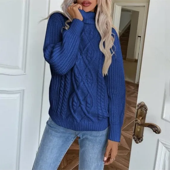 WOMEN'S Long Sleeve Knit Cable High Collar Sweater - Blue