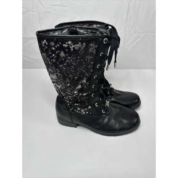 Women’s Michael Kors MARCELLA Black Lace Up Sequin Mid Calf Boots US 5