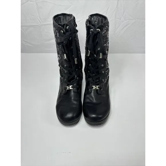 Women’s Michael Kors MARCELLA Black Lace Up Sequin Mid Calf Boots US 5