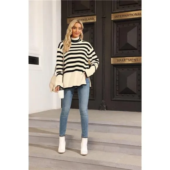 Women's Striped Turtleneck Sweater Long Beige