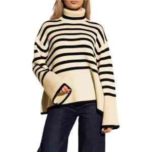 Women's Striped Turtleneck Sweater Long Beige