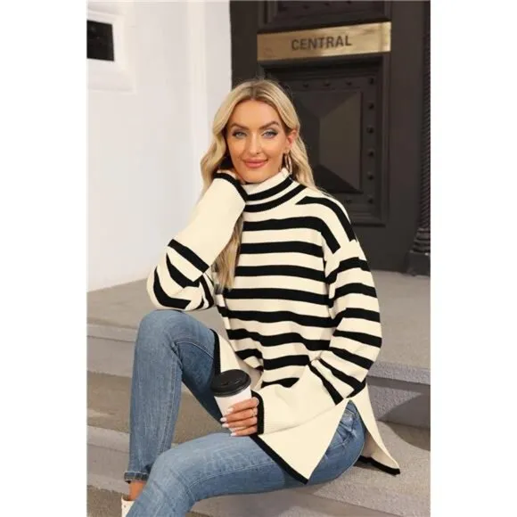 Women's Striped Turtleneck Sweater Long Beige