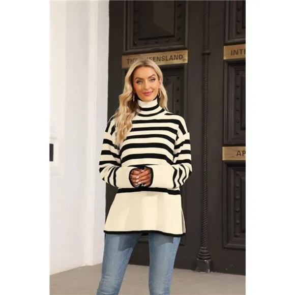 Women's Striped Turtleneck Sweater Long Beige