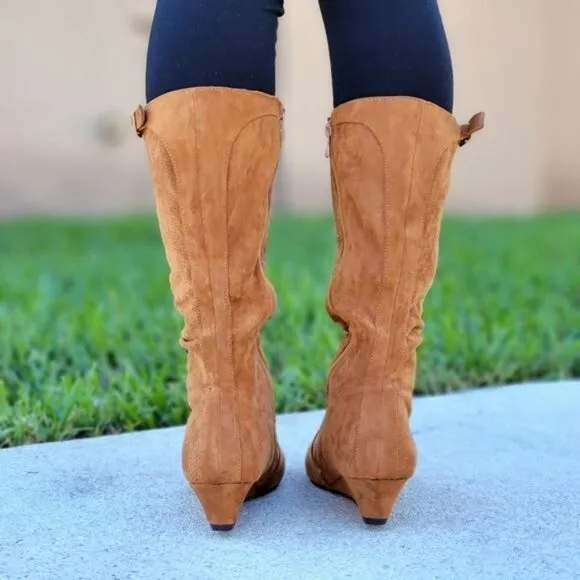 Women's Tan Wrinkle‎ Finish Calf Length Pull On Boots Rounded Toe