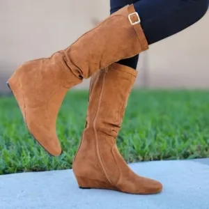 Women's Tan Wrinkle‎ Finish Calf Length Pull On Boots Rounded Toe