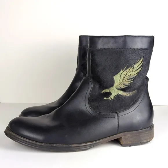 XELEMENT Men's Engineer Black Leather Horse Hair Eagle Moto Boots