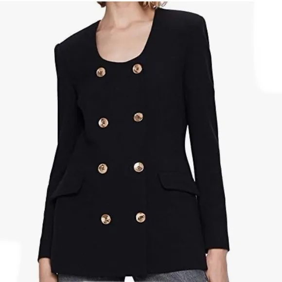 ZARA Black Double Breasted Collarless Scoop Neck Long Blazer Lady Jacket NWT