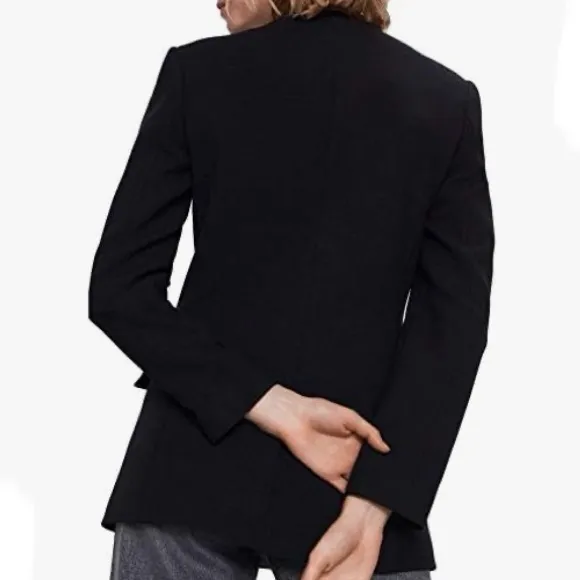 ZARA Black Double Breasted Collarless Scoop Neck Long Blazer Lady Jacket NWT