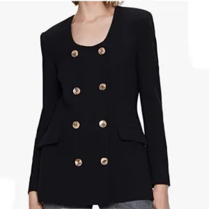 ZARA Black Double Breasted Collarless Scoop Neck Long Blazer Lady Jacket NWT
