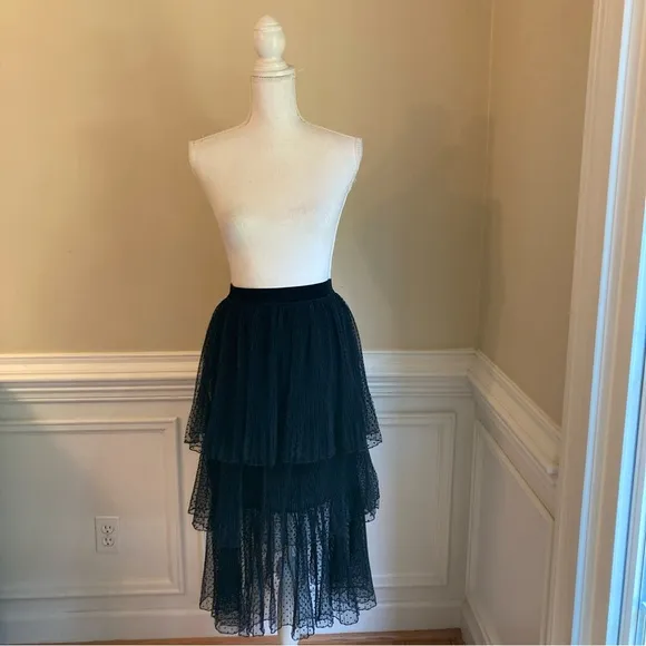 ZARA Black Swiss Polka Dot Velvet Mesh Net Tiered Ruffle Midi Skirt NWT