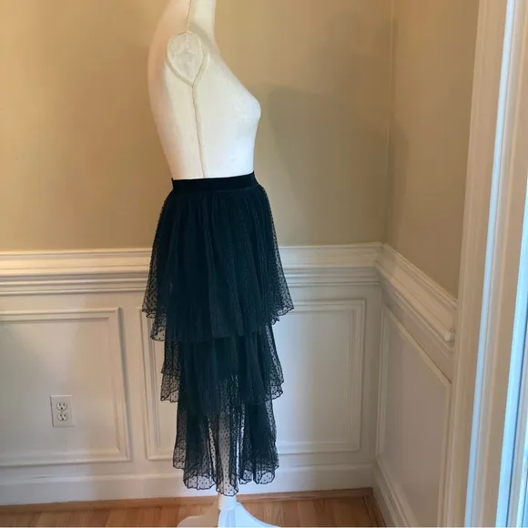 ZARA Black Swiss Polka Dot Velvet Mesh Net Tiered Ruffle Midi Skirt NWT