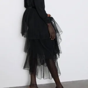 ZARA Black Swiss Polka Dot Velvet Mesh Net Tiered Ruffle Midi Skirt NWT