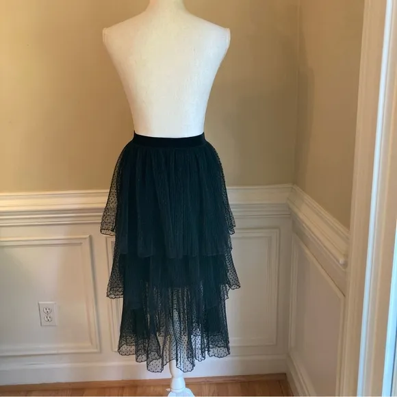 ZARA Black Swiss Polka Dot Velvet Mesh Net Tiered Ruffle Midi Skirt NWT