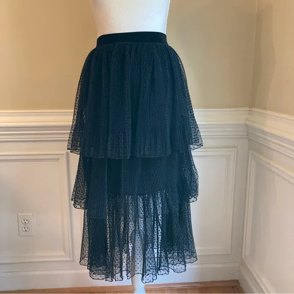 ZARA Black Swiss Polka Dot Velvet Mesh Net Tiered Ruffle Midi Skirt NWT