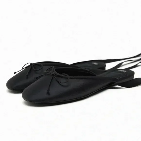 ZARA BOW BLACKED LACE UP BALLERINA FLATS NWT