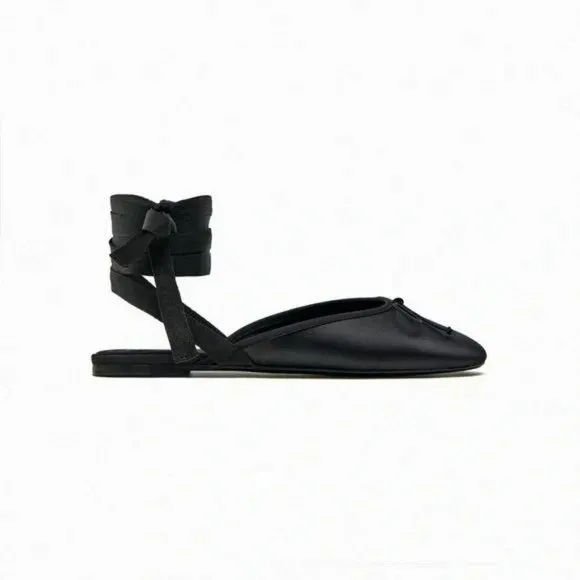 ZARA BOW BLACKED LACE UP BALLERINA FLATS NWT